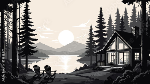 Black and white vector landscape illustration of a lakeside cabin with pine trees and chairs facing a mountain sunset