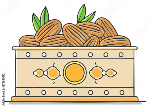 Cartoon illustration of almonds with green leaves in a decorated box