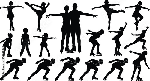 Black Silhouette Collection of Professional Ice Figure Skaters Speed Skating Athletes and Roller Bladers Posing in Various Dynamic Action Sequences Isolated on White Background