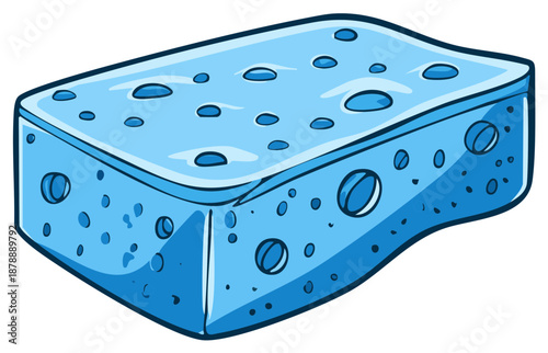 Blue Household Cleaning Sponge Cartoon Vector Illustration