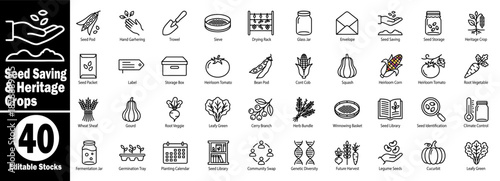 Seed saving and heritage crops line icon set planting gardening and genetic diversity Vector Illustrator.