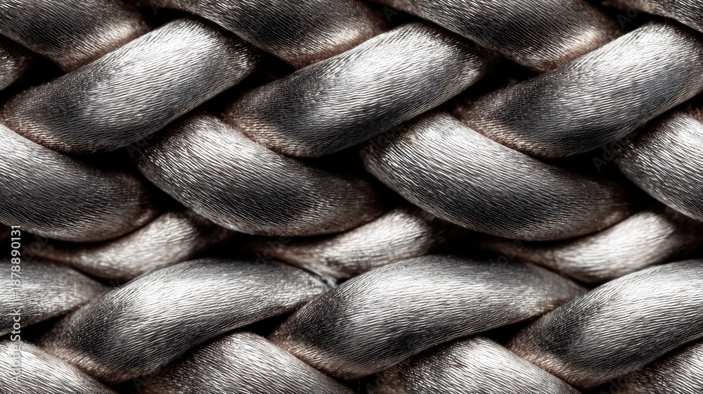Fototapeta premium Braided silver metal cable with heavy texture and intertwined industrial steel wires. Concept of strength and reliability