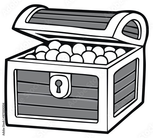 Open Wooden Treasure Chest Filled With Round Objects and Ornate Lock