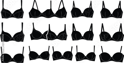 Women bra silhouette collection with different styles and shapes, black vector illustration set, lingerie design elements, fashion apparel icons, isolated on white background