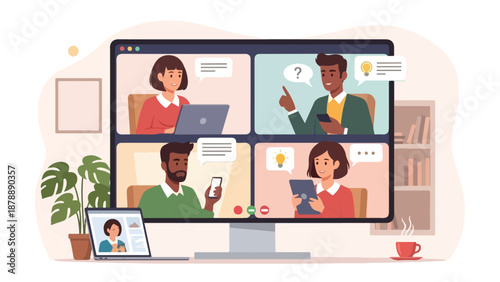 Diverse Business People Video Conference Call on Desktop Computer and Laptop