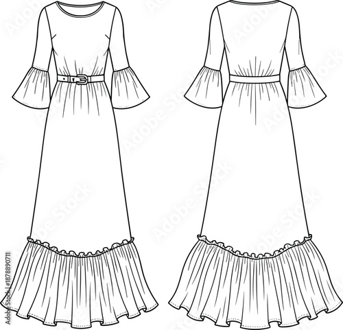 Women long maxi dress technical flat vector illustration showing front and back views elegant fashion apparel design template