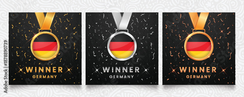 Set of gold, silver, and bronze winner medals featuring the Germany national flag. Elegant dark background with gold confetti and star sparkles. Professional vector award design template.