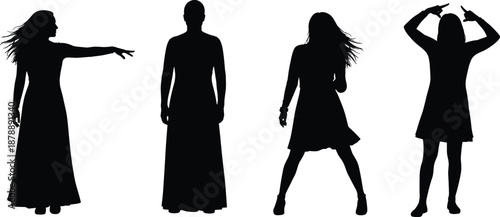 Women silhouette standing and dancing poses collection, expressive female body language and fashion movement, lifestyle and performance concept, black vector illustration isolated