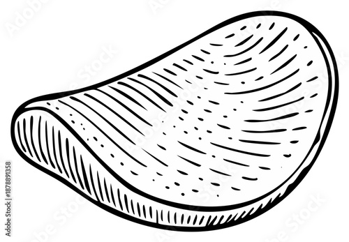 Illustration of a single potato chip, detailed texture in black and white, side view