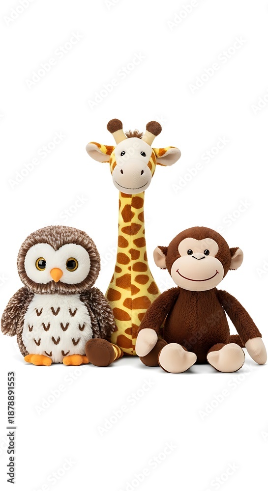 Obraz premium Adorable Plush Trio - Soft Owl, Tall Giraffe, and Smiling Monkey Toys on White Background.