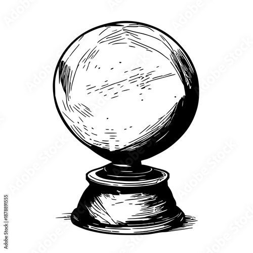 Elegant black line art illustration of a crystal ball perched on a simple stand against a clean white background, suitable for mystical theme projects