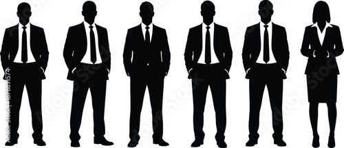 Diverse Professional Business People Silhouettes Collection Featuring Corporate Office Staff Members in Formal Suits and Casual Attire Standing in Row for Teamwork Concept Background
