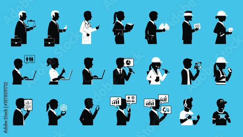 Diverse Professionals Silhouettes Working in Flat Design Style, vector illustration