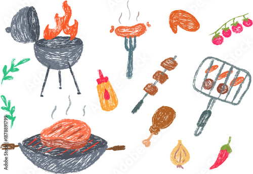 Bbq grill picnic food equipment elements in hand drawn cartoon doodle style made from pencil, marker or chalk crayon. Scribble vector illustration background for children book, card.