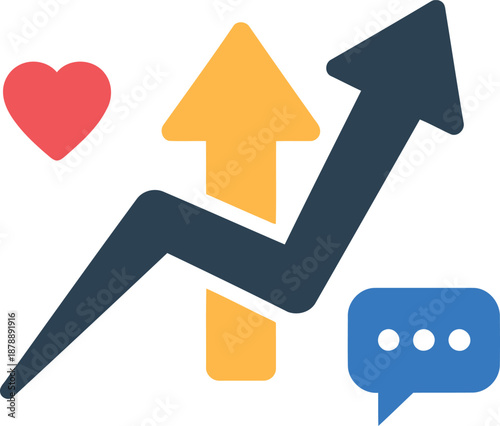 Social media growth and engagement concept with upward arrows, heart, and speech bubble icons.
