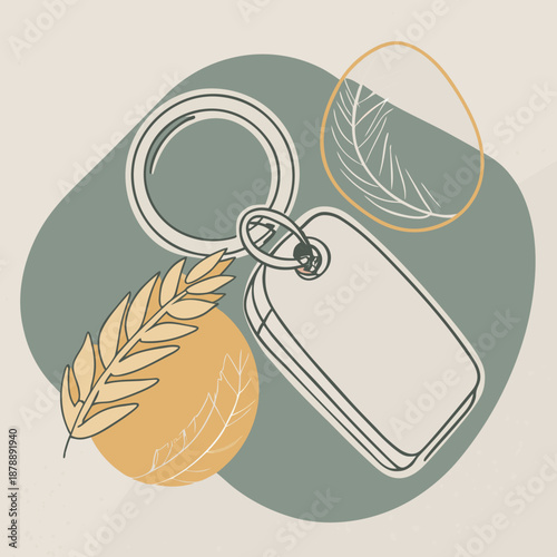 Keychain with feather and leaf design