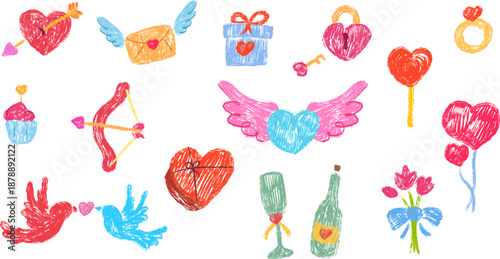 Romantic valentines day elements in hand drawn cartoon doodle style made from pencil, marker or chalk crayon. Scribble vector illustration background for holiday children book, card.