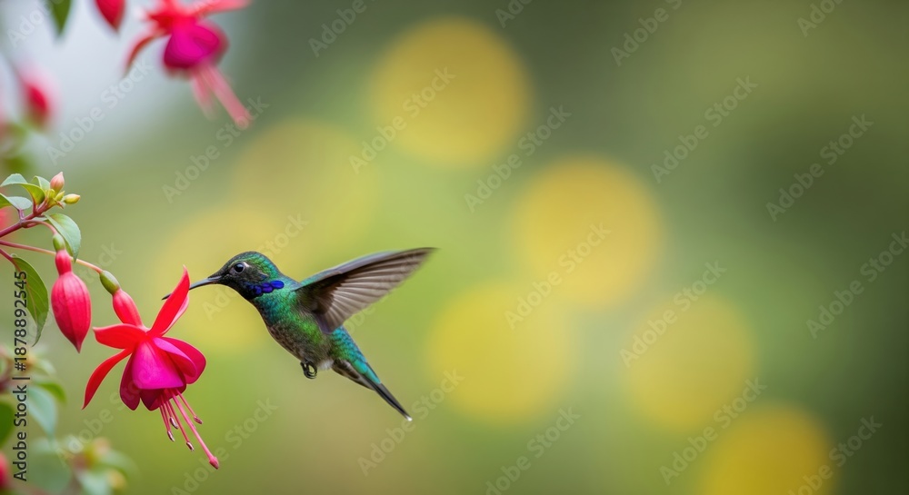 Fototapeta premium Vibrant Hummingbird Hovering Near Bright Pink Flowers in Soft Blurred Background