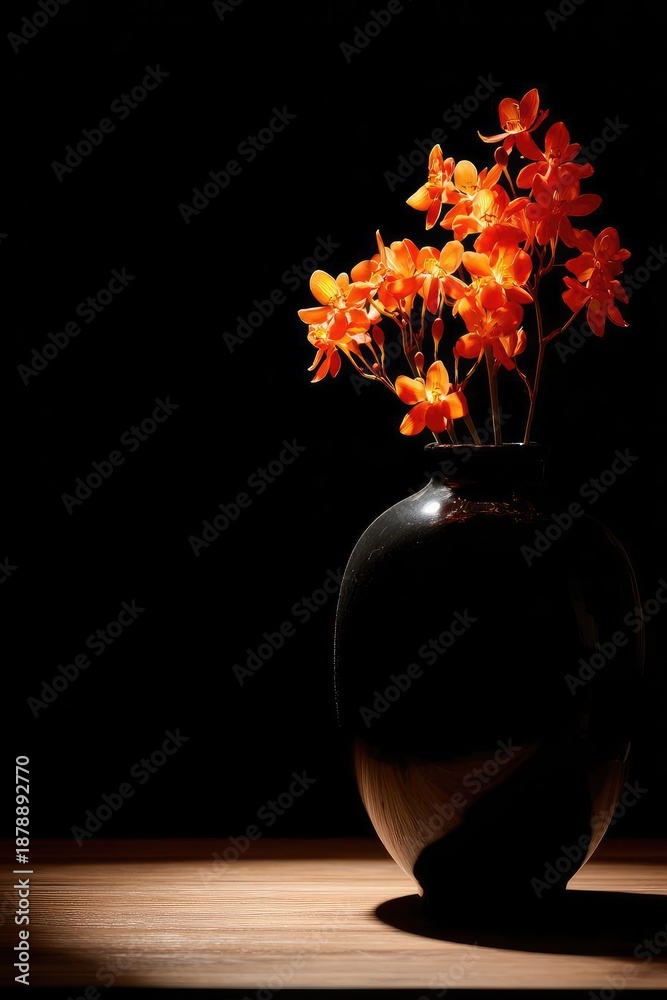 Fototapeta premium Orange flowers arranged in a glossy black vase on a wooden table against a dark background. Concept Still Life Photography, Orange Flowers, Glossy Black Vase, Wooden Table, Dark Background