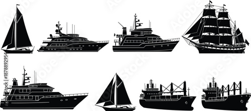 Set of black maritime silhouettes featuring various watercraft including luxury yachts historic sailing ships modern sailboats and industrial cargo vessels isolated on white