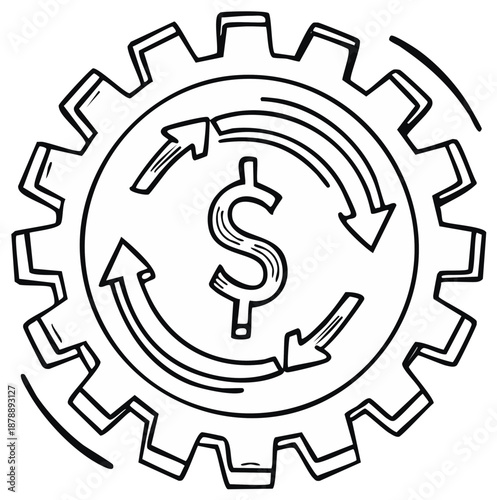 Hand drawn illustration of a dollar sign within a gear with circular arrows symbolizing financial process and economy