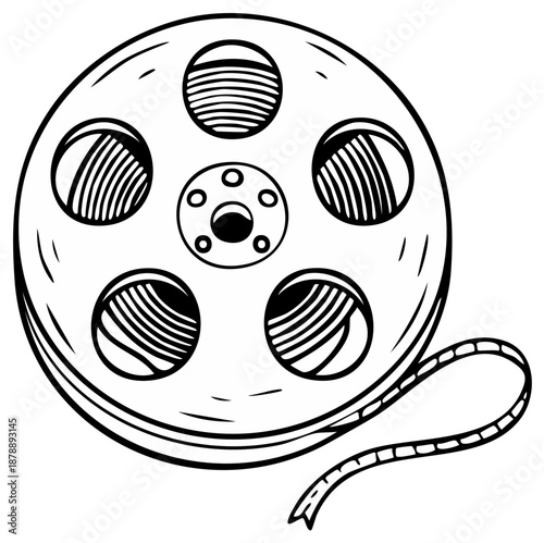 Vintage film reel with unwinding tape in a hand drawn sketchy style