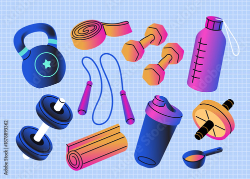 Fitness and weight training stickers. Yoga, pilates, healthy lifestyle retro design set. Dumbbells, protein supplements, kettlebell, jump rope and other sport elements.