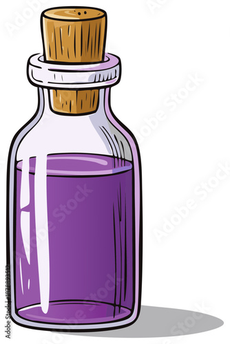 Hand drawn purple liquid in a clear glass bottle with cork stopper and shadow