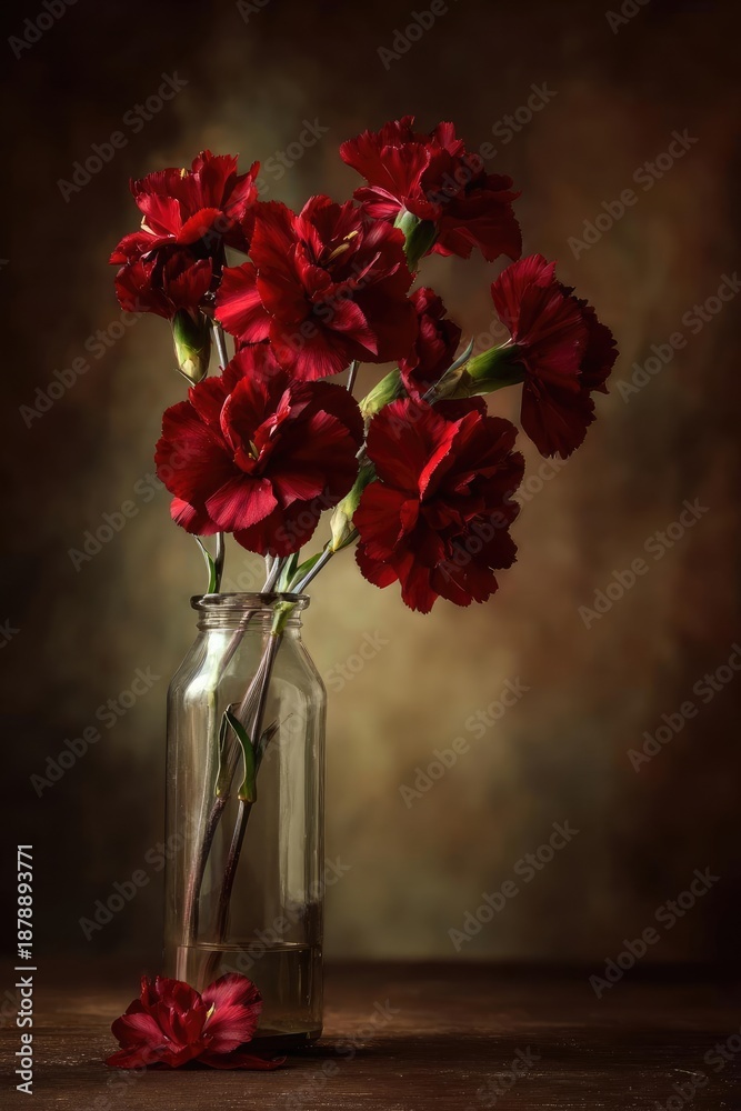 Fototapeta premium Red carnations in a clear glass bottle with water on a dark wooden table, a single petal resting beside the bottle. Concept Red carnations in a glass bottle, Water on a dark wooden table