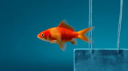Floating goldfish in a blue shopping bag against a vibrant blue background, creating a surreal and whimsical scene with a focus on aquatic life and imaginative commerce concepts