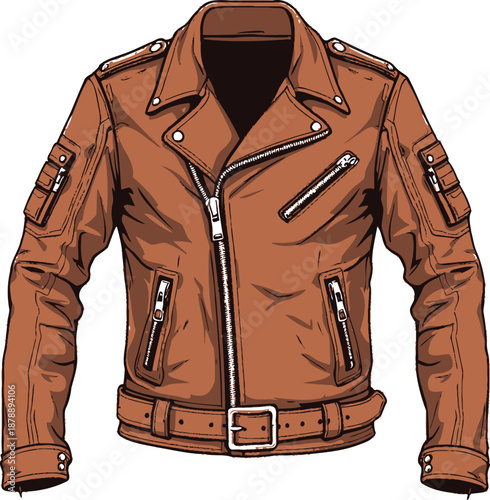 Brown leather biker jacket vector illustration with zippers epaulets belted waist and realistic folds in stylish design