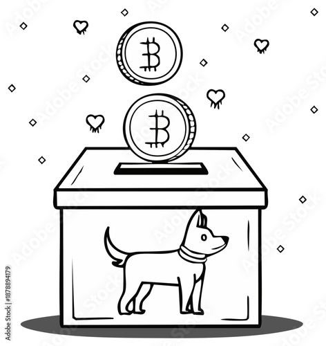 Bitcoin coins falling into donation box with dog illustration