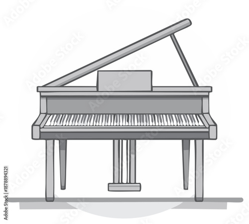 Elegant grand piano with open lid classic musical instrument monochrome vector illustration