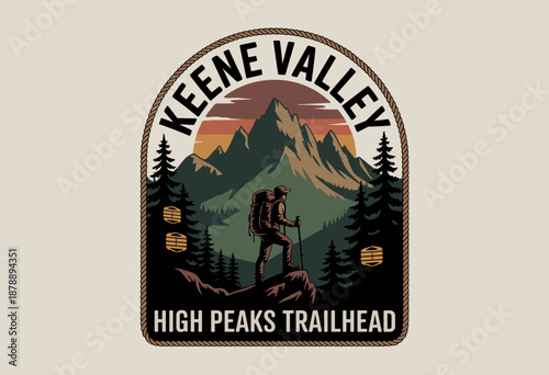 Adventurous Hiker at Keene Valley High Peaks Trailhead with Majestic Mountain Backdrop and Warm Sunset Hues