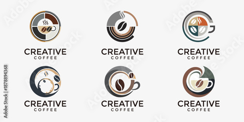 Creative Coffee Logo Design Bundle, Modern Circular Coffee Bean and Cup Icons for Cafe Identity