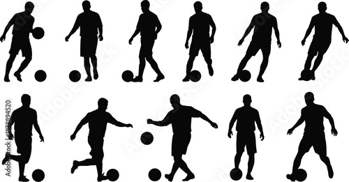 Set of black soccer player silhouettes featuring professional athletes in dynamic action poses including dribbling running and controlling the ball for sports design