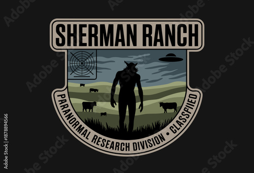 Mysterious Paranormal Research Emblem Featuring Elusive Creature and Encroaching Cattle under an Ominous Sky