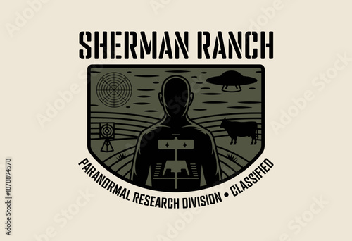 Mysterious Paranormal Research Emblem Featuring Elusive Creature and Encroaching Cattle under an Ominous Sky