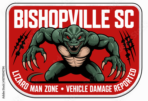 Beware of the Lizard Man: Attention-Grabbing Retro Warning Sign with Fierce Creature Imagery