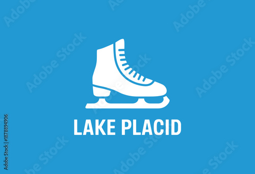 Stylized Ice Skate Graphic with Lake Placid Text in Eye-Catching Blue Background