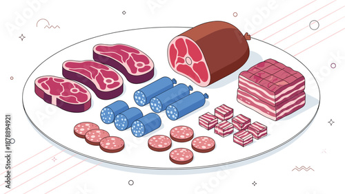 Selection of raw meat products displayed on a platter includes steaks, sausages, bacon, ham, and various sliced deli meats.