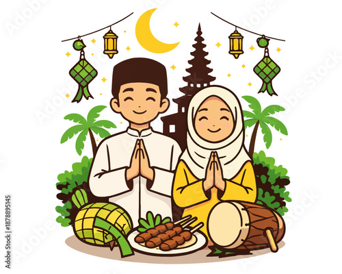 Ramadan greetings character couple vector illustration
