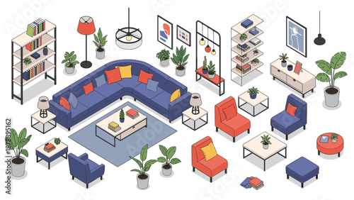 Detailed collection of modern living room furniture features a large sectional sofa, armchairs, bookshelves, tables, and plants.