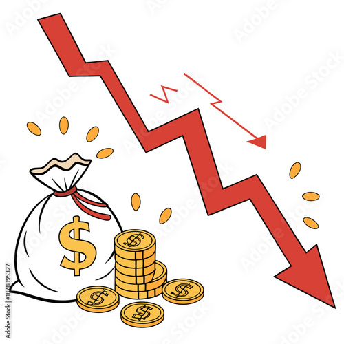 Financial loss concept with falling coins and declining graph