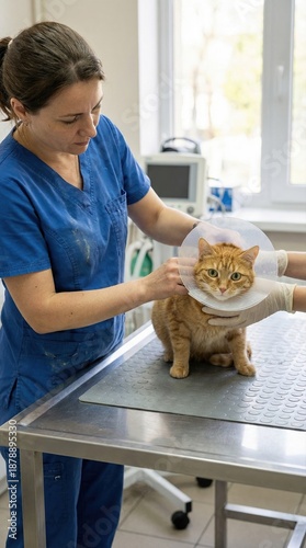 A veterinarian tenderly fitting an orange tabby cat with an Elizabethan collar in the sterile setting of an animal hospital, focusing on the cat's comfort and treatment after medical examination