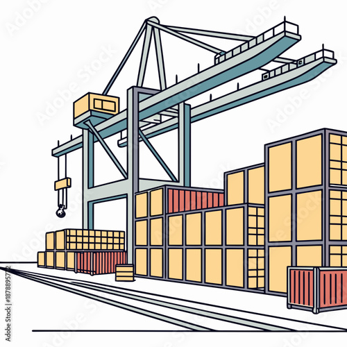 Cargo harbor with stacked shipping containers and gantry crane