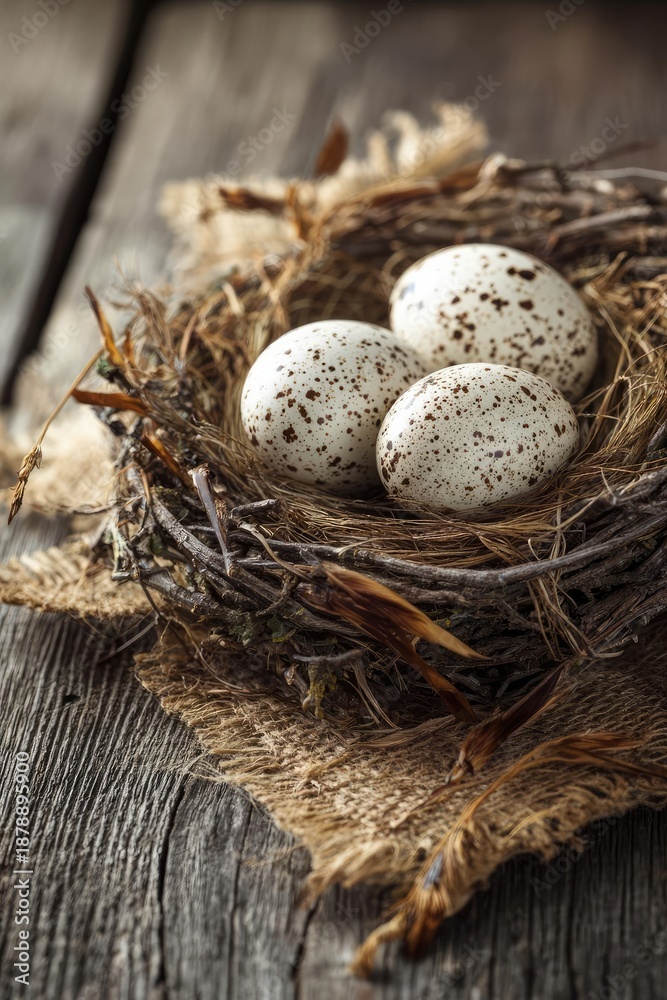 Obraz premium Three speckled eggs in a bird’s nest on a rustic wooden surface. Concept Rustic nature still life, Speckled eggs close-up, Bird nest on weathered wood, Textured wood surface detail