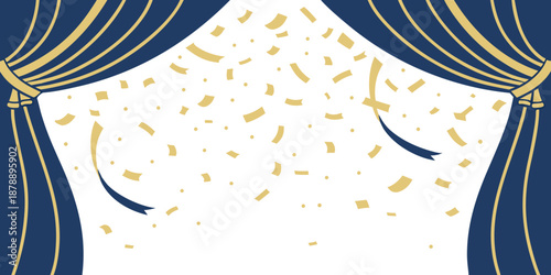 Colorful blue curtains pattern with a paint splash texture and butterfly shape decoration on a vector art backdrop with copy space