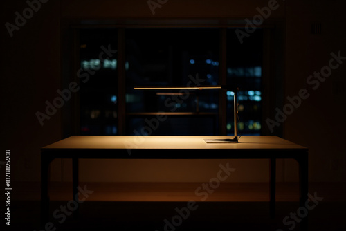 a desk lamp sits on a table in a dark room with a window high quality professional detailed modern elegant stylish clean crisp vibrant colorful digital