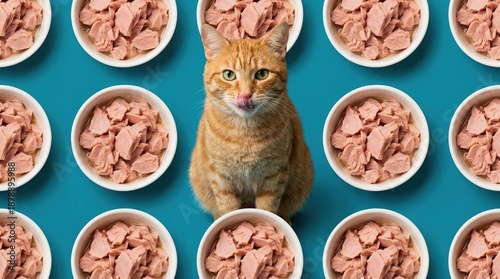 An adorable ginger cat with its tongue playfully sticking out sits surrounded by several bowls of tempting pet food, all set against a striking and vibrant blue background.